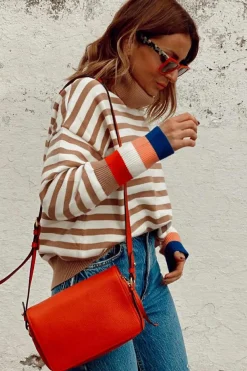 Sale Dear-Lover Colorblock Bishop Sleeve Turtleneck Sweater Brown Stripe