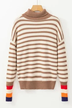 Sale Dear-Lover Colorblock Bishop Sleeve Turtleneck Sweater Brown Stripe