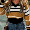 Online Dear-Lover Contrast Stripes V Neck Textured Knit Sweater Brown Stripe