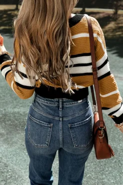 Online Dear-Lover Contrast Stripes V Neck Textured Knit Sweater Brown Stripe
