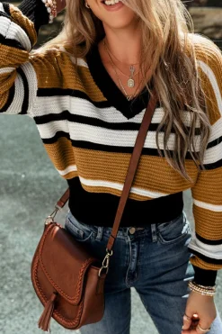Online Dear-Lover Contrast Stripes V Neck Textured Knit Sweater Brown Stripe
