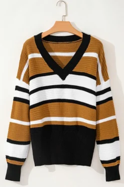 Online Dear-Lover Contrast Stripes V Neck Textured Knit Sweater Brown Stripe