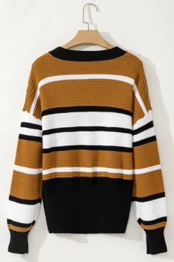 Online Dear-Lover Contrast Stripes V Neck Textured Knit Sweater Brown Stripe