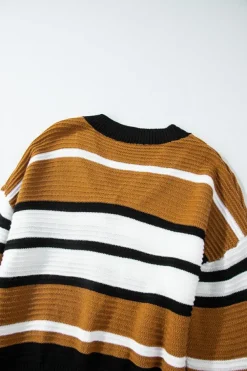 Online Dear-Lover Contrast Stripes V Neck Textured Knit Sweater Brown Stripe