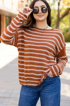 Best Dear-Lover Drop Shoulder Casual Sweater Brown Stripe