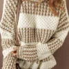 New Dear-Lover Drop Shoulder Round Neck Loose Sweater Brown Stripe