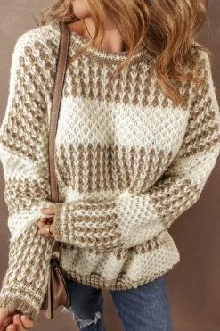 New Dear-Lover Drop Shoulder Round Neck Loose Sweater Brown Stripe