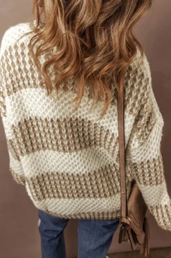 New Dear-Lover Drop Shoulder Round Neck Loose Sweater Brown Stripe