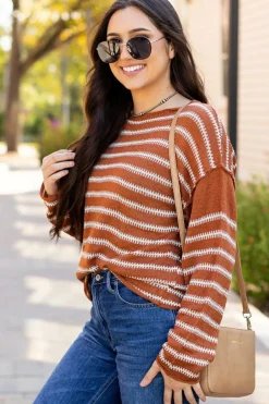 Best Dear-Lover Drop Shoulder Casual Sweater Brown Stripe