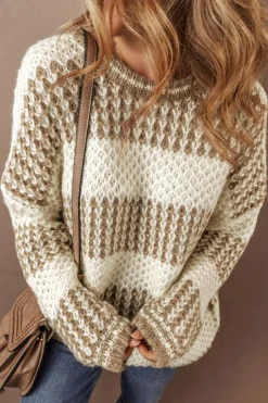 New Dear-Lover Drop Shoulder Round Neck Loose Sweater Brown Stripe