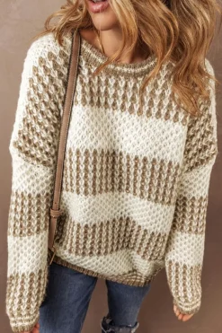 New Dear-Lover Drop Shoulder Round Neck Loose Sweater Brown Stripe