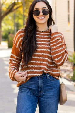 Best Dear-Lover Drop Shoulder Casual Sweater Brown Stripe