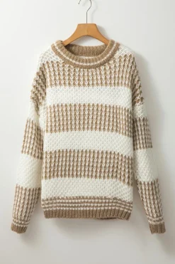 New Dear-Lover Drop Shoulder Round Neck Loose Sweater Brown Stripe