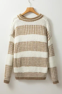 New Dear-Lover Drop Shoulder Round Neck Loose Sweater Brown Stripe