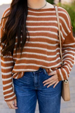 Best Dear-Lover Drop Shoulder Casual Sweater Brown Stripe