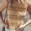 Best Dear-Lover Eyelet Crochet Round Neck Sweater Vest Brown Stripe