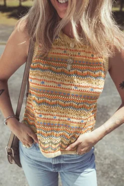 Best Dear-Lover Eyelet Crochet Round Neck Sweater Vest Brown Stripe