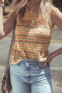 Best Dear-Lover Eyelet Crochet Round Neck Sweater Vest Brown Stripe