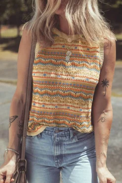Best Dear-Lover Eyelet Crochet Round Neck Sweater Vest Brown Stripe