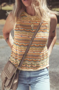 Best Dear-Lover Eyelet Crochet Round Neck Sweater Vest Brown Stripe