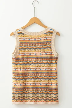 Best Dear-Lover Eyelet Crochet Round Neck Sweater Vest Brown Stripe