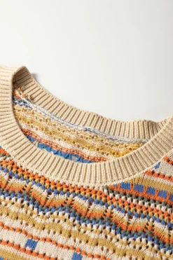 Best Dear-Lover Eyelet Crochet Round Neck Sweater Vest Brown Stripe