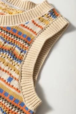 Best Dear-Lover Eyelet Crochet Round Neck Sweater Vest Brown Stripe