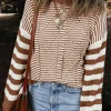 Clearance Dear-Lover Geometric Textured Drop Shoulder Sweater Brown Stripe