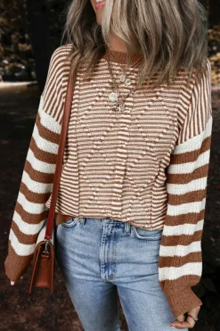 Clearance Dear-Lover Geometric Textured Drop Shoulder Sweater Brown Stripe