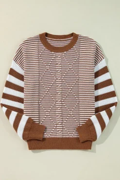 Clearance Dear-Lover Geometric Textured Drop Shoulder Sweater Brown Stripe