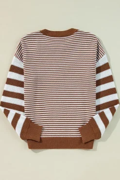 Clearance Dear-Lover Geometric Textured Drop Shoulder Sweater Brown Stripe