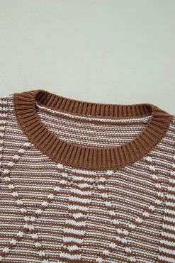 Clearance Dear-Lover Geometric Textured Drop Shoulder Sweater Brown Stripe