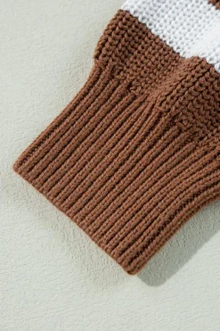 Clearance Dear-Lover Geometric Textured Drop Shoulder Sweater Brown Stripe
