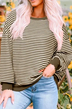 New Dear-Lover Loose Drop Shoulder Long Sleeve Top Brown Stripe