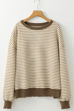 New Dear-Lover Loose Drop Shoulder Long Sleeve Top Brown Stripe