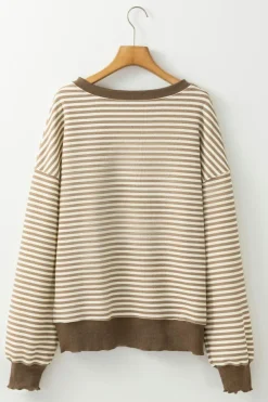 New Dear-Lover Loose Drop Shoulder Long Sleeve Top Brown Stripe