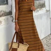 Hot Dear-Lover Stripe Print Open Back Sleeveless Maxi Dress with Slits Brown