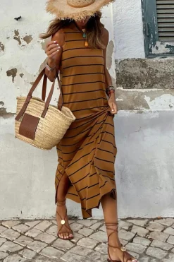 Hot Dear-Lover Stripe Print Open Back Sleeveless Maxi Dress with Slits Brown