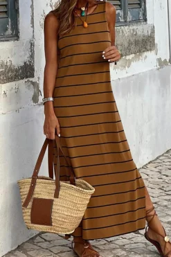 Hot Dear-Lover Stripe Print Open Back Sleeveless Maxi Dress with Slits Brown