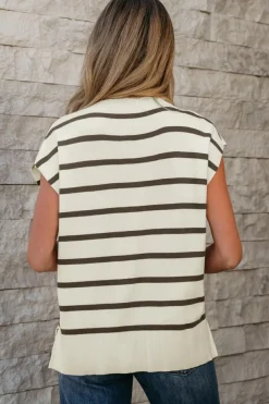 Hot Dear-Lover Side Slits Crewneck Short Sleeve Sweater Tee Brown Stripe