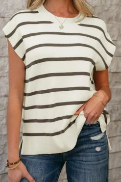 Hot Dear-Lover Side Slits Crewneck Short Sleeve Sweater Tee Brown Stripe