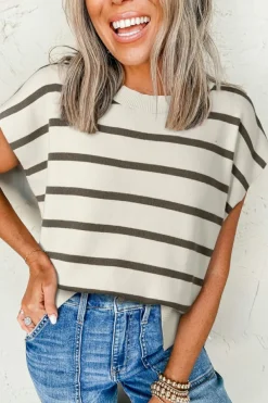 Hot Dear-Lover Side Slits Crewneck Short Sleeve Sweater Tee Brown Stripe