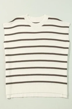 Hot Dear-Lover Side Slits Crewneck Short Sleeve Sweater Tee Brown Stripe