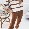Sale Dear-Lover Striped Drop Shoulder Pullover and Jogger Pants Set Brown Stripe