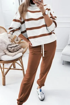 Sale Dear-Lover Striped Drop Shoulder Pullover and Jogger Pants Set Brown Stripe