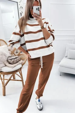 Sale Dear-Lover Striped Drop Shoulder Pullover and Jogger Pants Set Brown Stripe