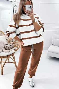 Sale Dear-Lover Striped Drop Shoulder Pullover and Jogger Pants Set Brown Stripe