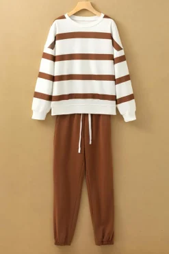Sale Dear-Lover Striped Drop Shoulder Pullover and Jogger Pants Set Brown Stripe