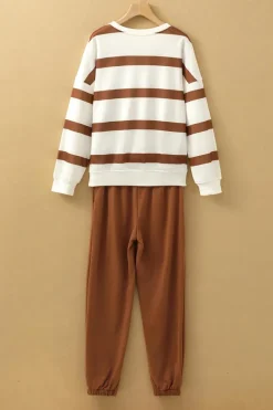 Sale Dear-Lover Striped Drop Shoulder Pullover and Jogger Pants Set Brown Stripe