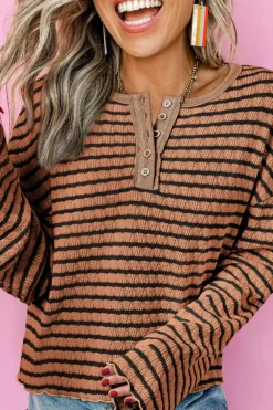 Discount Dear-Lover Textured Frilly Trim Buttons Henley Long Sleeve Top Brown Stripe